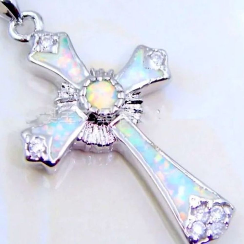 Host PICK BEAUTIFUL WHITE OPAL DESIGN CROSS NECKLACE